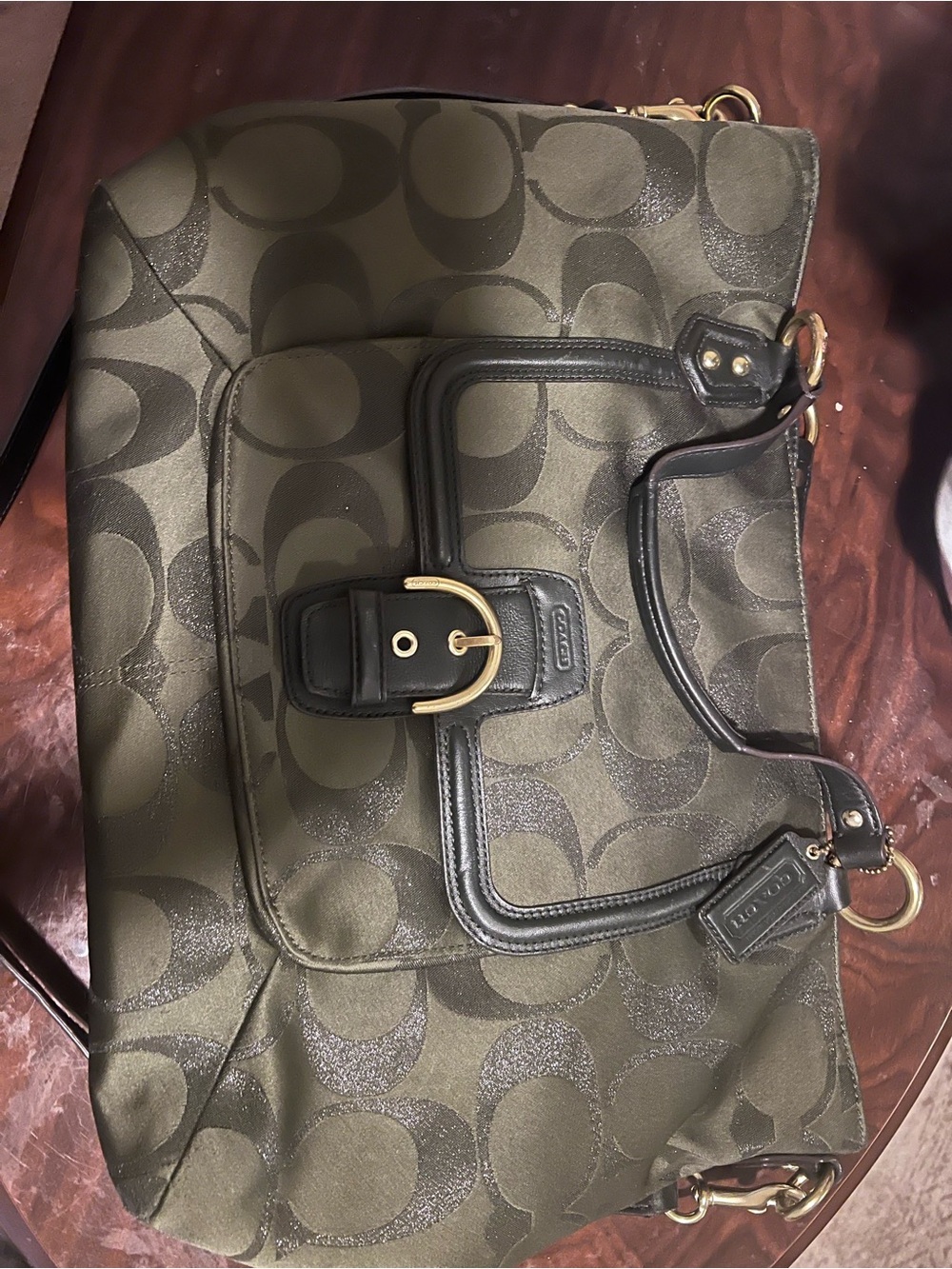 Coach Olive Signature Canvas Shoulder Bag with Black Trim